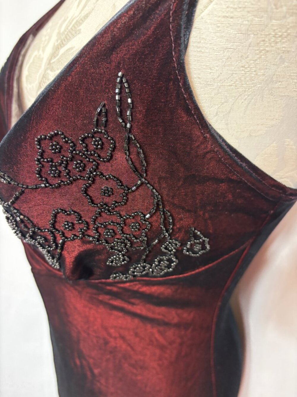 * Vtg Scene Y2K Burgundy Panne Velvet Body Skimming Maxi dress Sz 13 - Picture 12 of 16